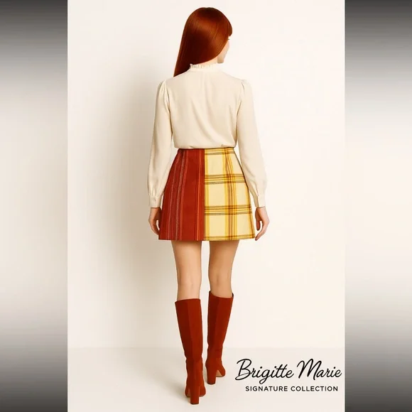 Silk Patchwork Plaid Mini Skirt - Picture 2 of 6